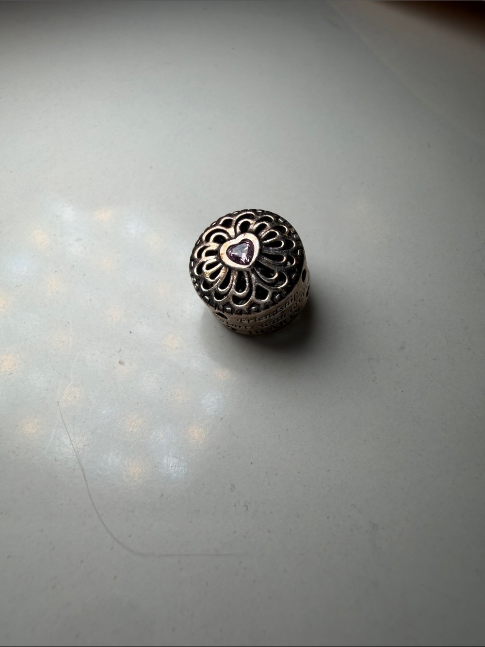 pandora charm Sterling Silver Filigree Bead Charm with Pink Heart Stone